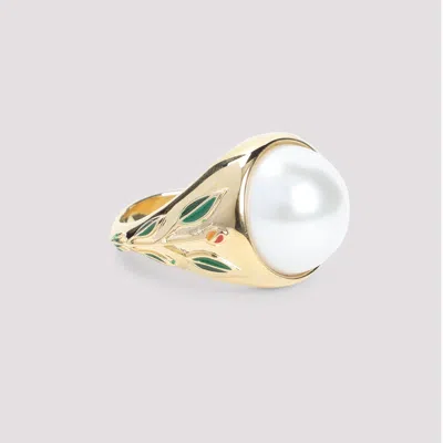 Casablanca Pearl Signet Ring Laurel Detailing In Gold