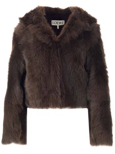 Loewe Shearling Hooded Jacket Coats Brown In Brown
