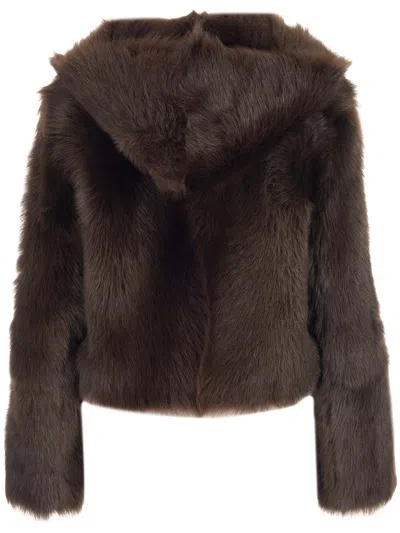 Loewe Shearling Hooded Jacket Coats Brown In Brown