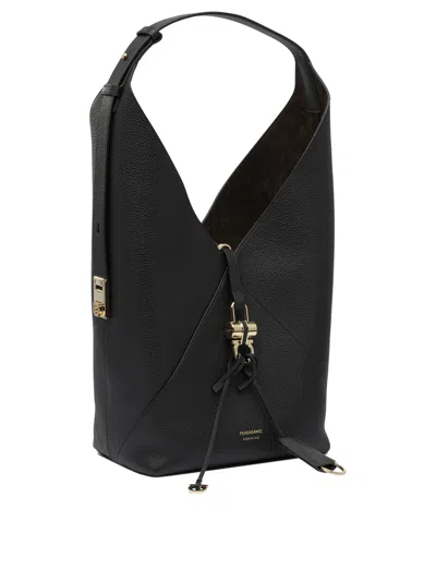 Ferragamo Textured Leather Hobo Shoulder Bag In Black