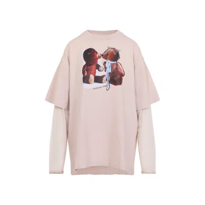 Acne Studios Distressed Crew Neck T-shirt With Mesh Sleeves In Pink