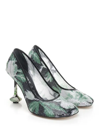 Loewe Mesh Toy Pumps With Embellished Floral Pattern In Green