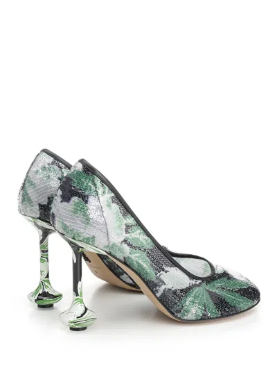 Loewe Mesh Toy Pumps With Embellished Floral Pattern In Green