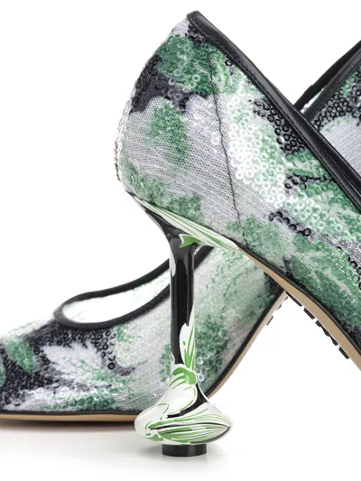 Loewe Mesh Toy Pumps With Embellished Floral Pattern In Green