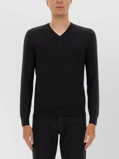 Tom Ford V-neck Black Wool Jersey With Long Sleeves In Black