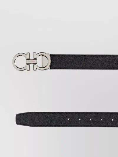 Ferragamo Adjustable Reversible Leather Belt With Textured Finish In Black