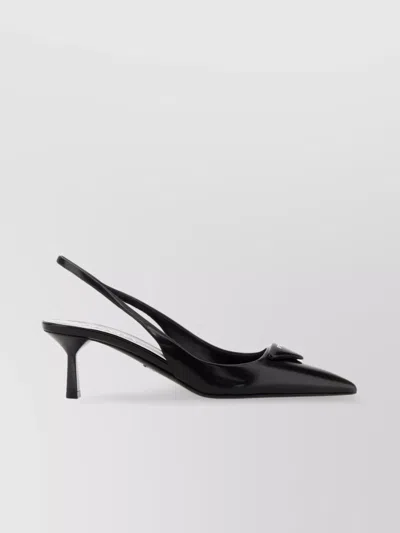 Prada Leather Pumps Glossy Finish Kitten Heel Pointed Toe In Black
