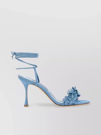 Manolo Blahnik 90mm Flower-embellished Lace-up Heeled Sandals In Blue