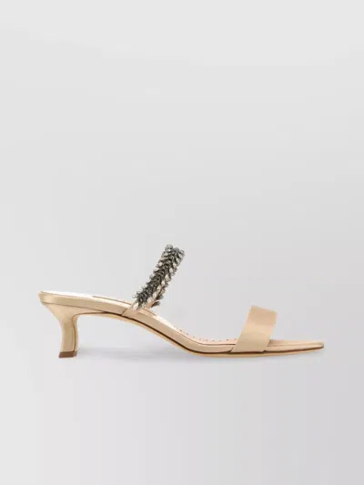 Manolo Blahnik Satin Mules Kifasan Embellished Strap Kitten Heel In Neutral