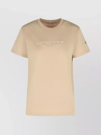 Moncler Ribbed Neutrals Cotton T-shirt With Embossed Logo Details In Neutral