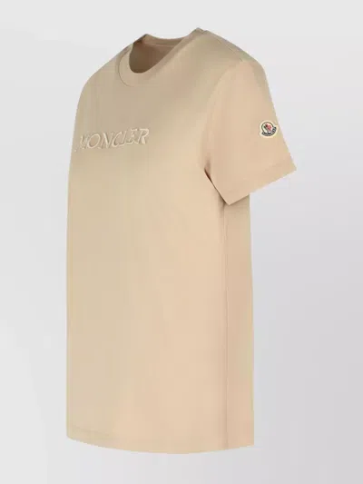 Moncler Ribbed Neutrals Cotton T-shirt With Embossed Logo Details In Neutral