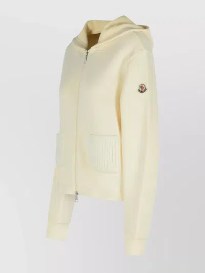 Moncler Cream Cotton Blend Hooded Sweatshirt With Zip In Multi