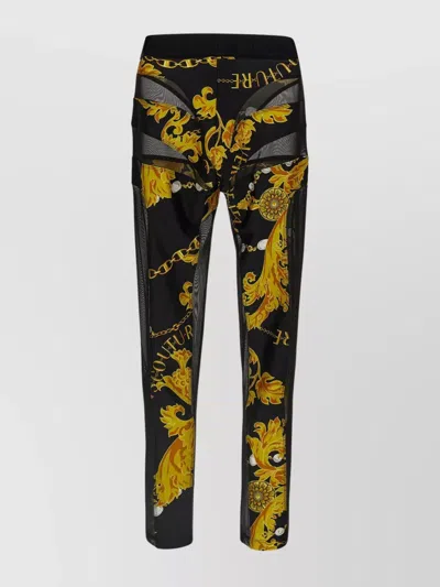 Versace Jeans Couture Leggings With Baroque Print And Mesh Panels In Black