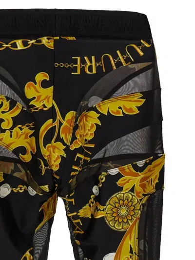 Versace Jeans Couture Leggings With Baroque Print And Mesh Panels In Black