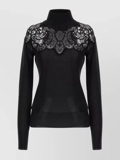 Ermanno Scervino Sheer Turtleneck Lace Sweater With Long Sleeves In Black