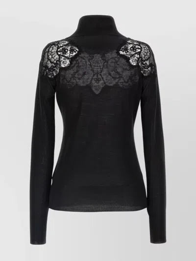 Ermanno Scervino Sheer Turtleneck Lace Sweater With Long Sleeves In Black