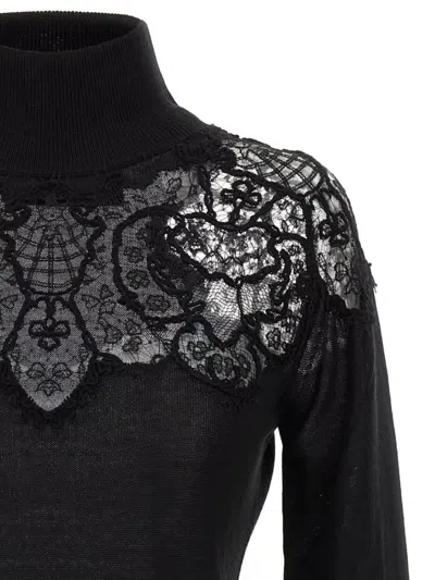 Ermanno Scervino Sheer Turtleneck Lace Sweater With Long Sleeves In Black