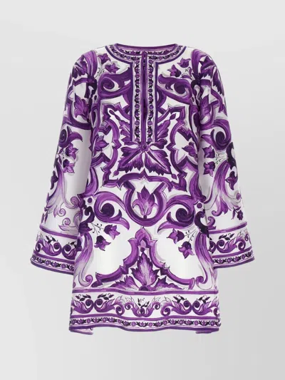 Dolce & Gabbana Majolica Silk Twill Long-sleeve Mini Shift Dress In Purple