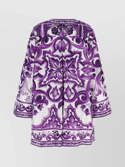 Dolce & Gabbana Majolica Silk Twill Long-sleeve Mini Shift Dress In Purple