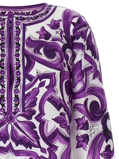 Dolce & Gabbana Majolica Silk Twill Long-sleeve Mini Shift Dress In Purple