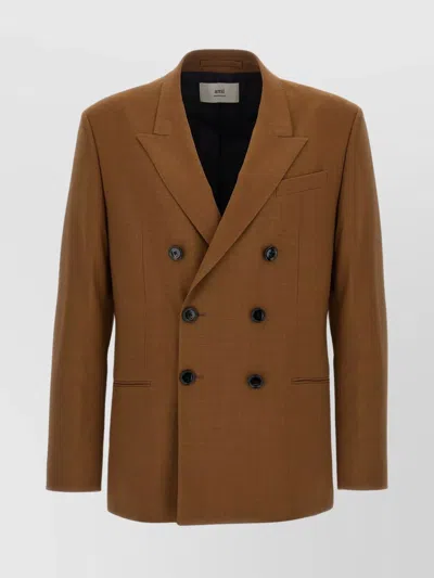 Ami Alexandre Mattiussi Ami Double-breasted Light Wool Twill Blazer In Brown