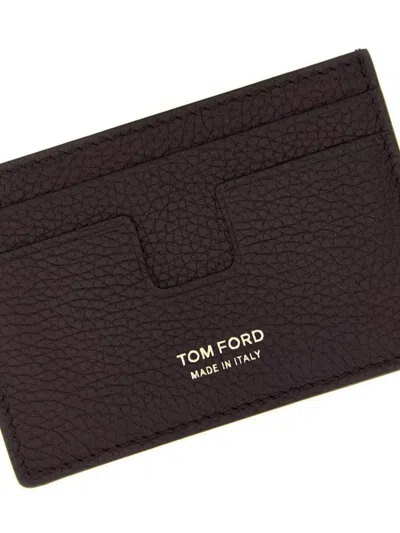Tom Ford Bordeaux Card Holder With Embossed Logo Lettering On The Front In Grained Leather Man In Brown