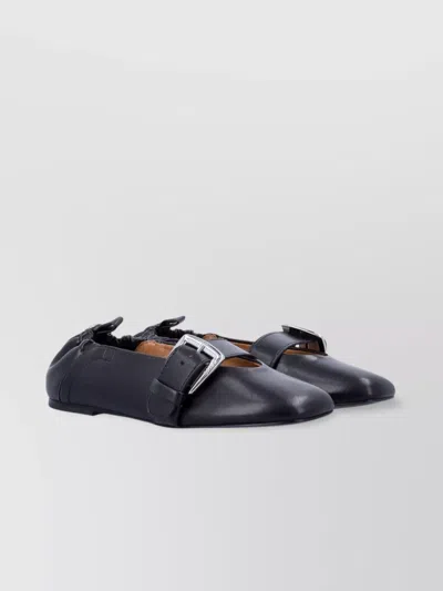 Ganni Buckle Strap Ballerinas With Rounded Square Toe In Blue