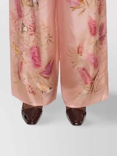 Zimmermann Silk Trousers With Floral Print And Wide Leg In Pink