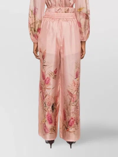 Zimmermann Silk Trousers With Floral Print And Wide Leg In Pink