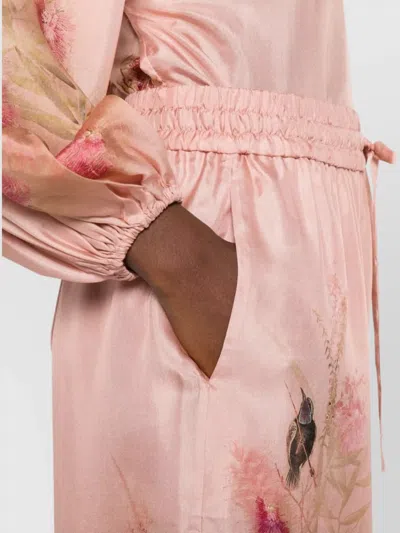 Zimmermann Silk Trousers With Floral Print And Wide Leg In Pink
