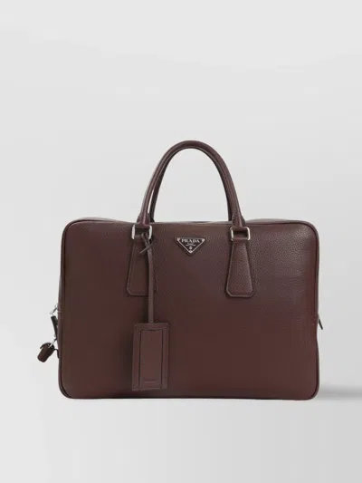 Prada Textured Leather Briefcase With Polished Hardware In Brown