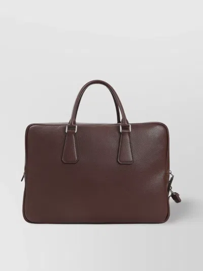 Prada Textured Leather Briefcase With Polished Hardware In Brown