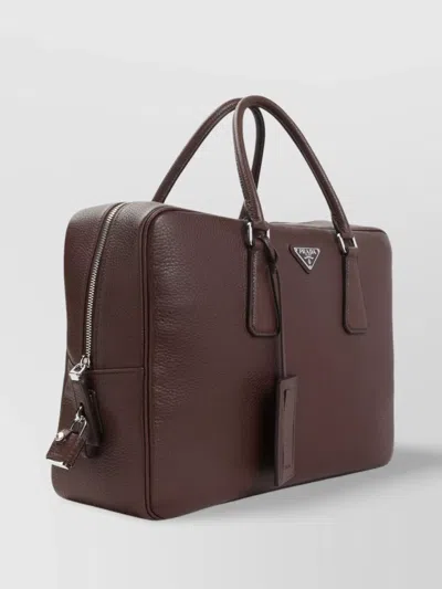 Prada Textured Leather Briefcase With Polished Hardware In Brown