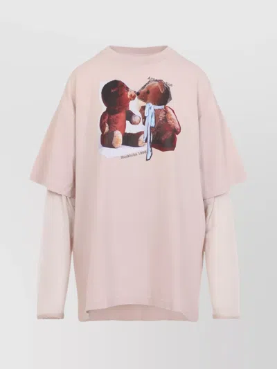 Acne Studios Distressed Crew Neck T-shirt With Mesh Sleeves In Pink