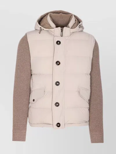 Moorer Quilted Jacket Hood Knitted Sleeves In Brown