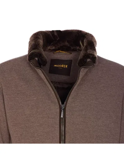 Moorer Casual Jacket With Fur Collar And Ribbed Finish In Brown
