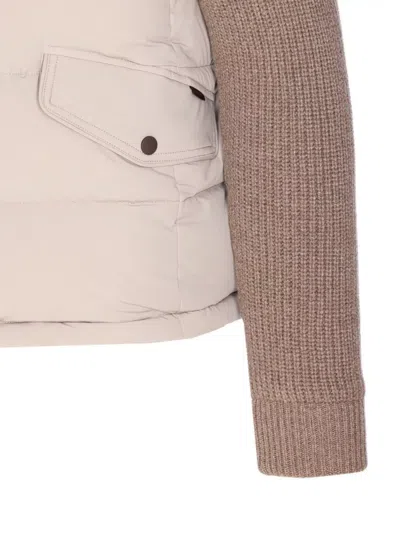 Moorer Quilted Jacket Hood Knitted Sleeves In Brown