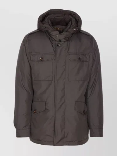Moorer Long Sleeve Hooded Padded Jacket With Pockets In Brown