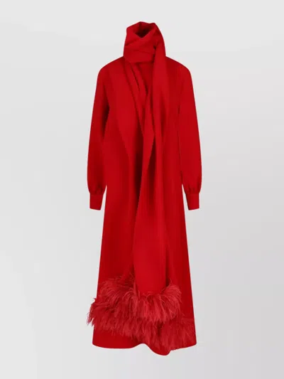 Valentino Maxi Silk Dress With Removable Scarf And Feather Details In Red