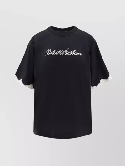 Dolce & Gabbana Logo-embroidered Lace-trimmed T-shirt In Black