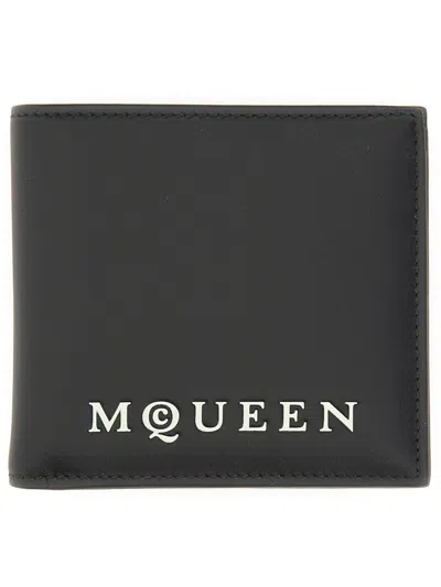 Alexander Mcqueen Bifold Wallet In Smooth Calf Leather With Logo Print