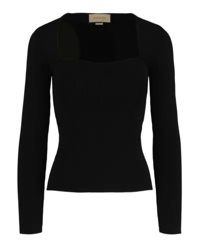 Pre-owned Gucci Women's  Sweetheart Neck Ribbed Knit Sweater In Black