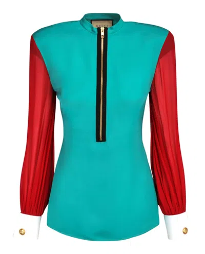 Pre-owned Gucci Women's  Silk Collared Long Sleeve Blouse In Blue