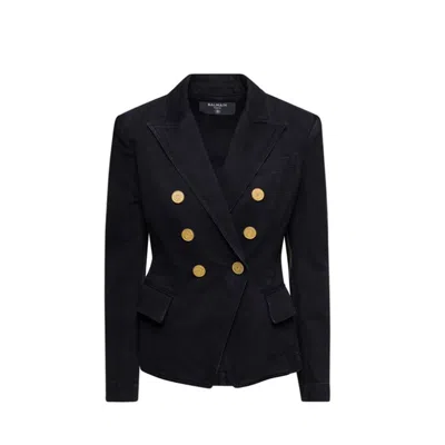 Balmain Black Double-breasted Jacket With Branded Buttons And Asymmetric Cut In Wool Woman In Blue