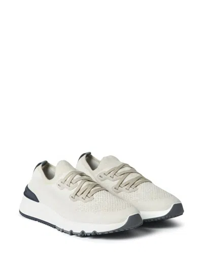 Brunello Cucinelli Mens Brand-embossed Knitted Low-top Trainers Beige