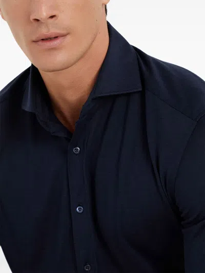 Brunello Cucinelli Men Silk And Cotton Jersey Shirt With Spread Collar In Blue
