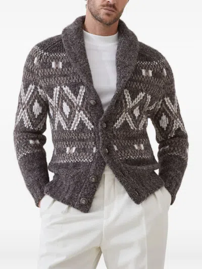 Brunello Cucinelli Wool Cardigan V-neck Geometric Pattern In Gray