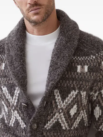 Brunello Cucinelli Wool Cardigan V-neck Geometric Pattern In Gray