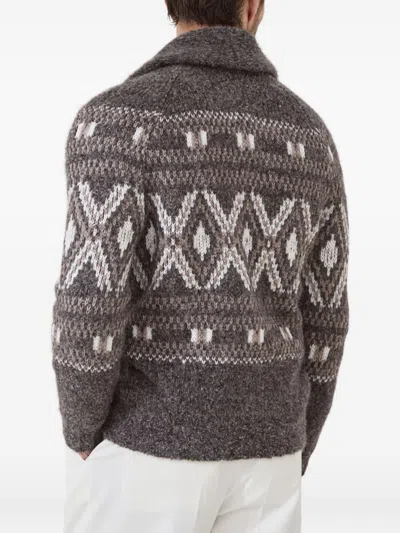 Brunello Cucinelli Wool Cardigan V-neck Geometric Pattern In Gray