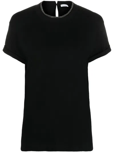 Brunello Cucinelli Short-sleeved T-shirt With Rolled Sleeves And Keyhole Detail In Black